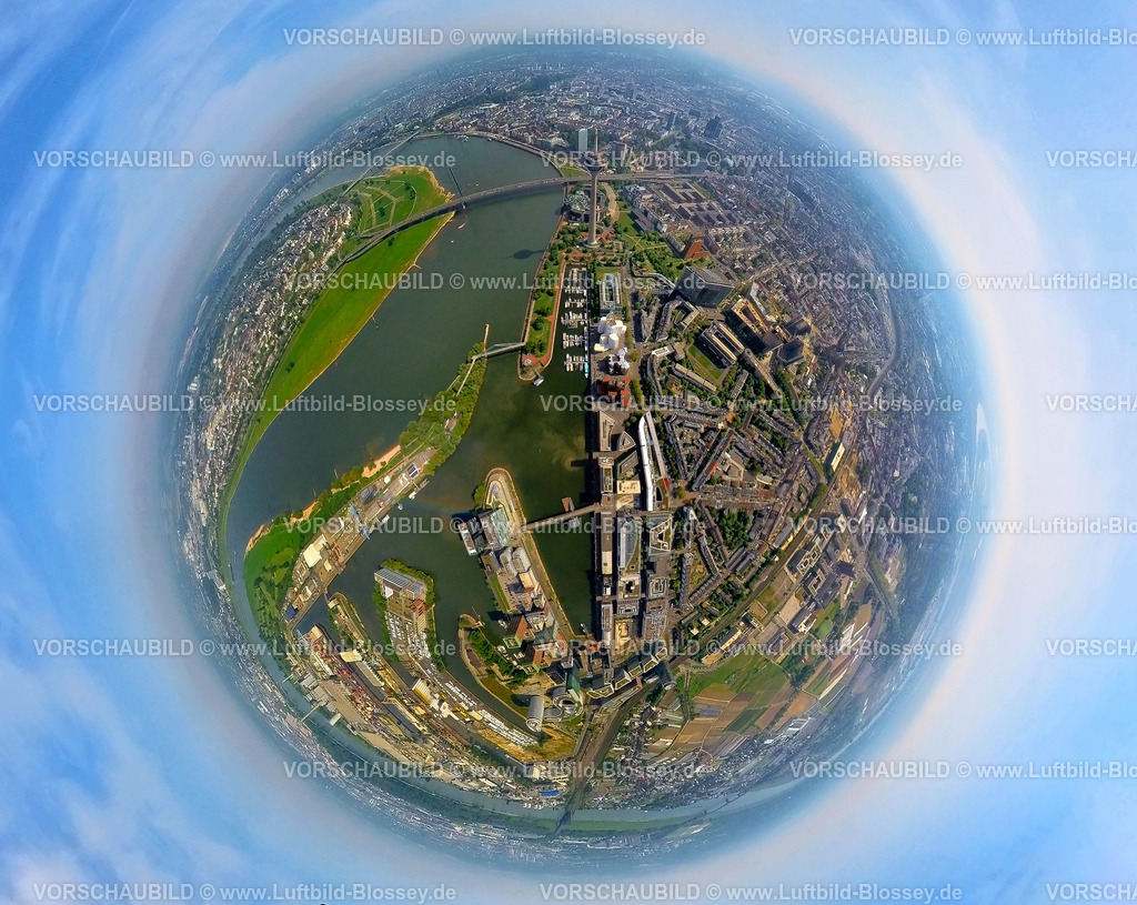 Duesseldorf240590057Medienhafen_Rhein | Luftbild, Medienhafen am Fluss Rhein, Unternehmen Ansiedlung aus Medien, Kommunikation, Mode, Architektur, Kunst und Kultur, Rheinturm und Rheinpark Bilk, Erdkugel, Fisheye Aufnahme, Fischaugen Aufnahme, 360 Grad Aufnahme, tiny world, little planet, fisheye Bild, Hafen, Düsseldorf, Nordrhein-Westfalen, Deutschland
