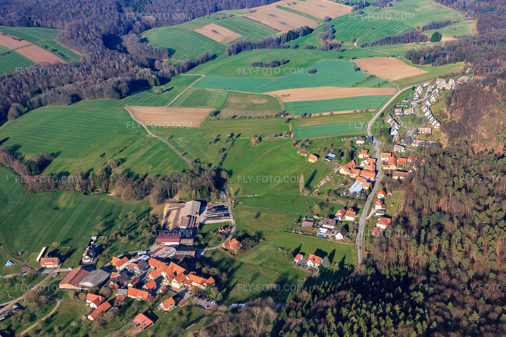 Aerial view: Pfaffenbronn district in Lembach in the state Bas-Rhin, France.Photo: IMG_086684.jpg taken on 03/26/2016 by Werner Riehm/FLY-FOTO.comResolution of the original: 4831 x 3221 px