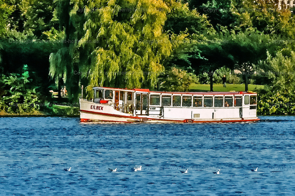 PDM2_1642_HH-Alster_EILBEK_120x80 | DIGITALKUNST. Hamburg. Alsterdampfer EILBEK im sommerlichen Abendlicht. Das Schiff wird betrieben von der ATG Alster-Touristik GmbH. - Realisiert mit Pictrs.com