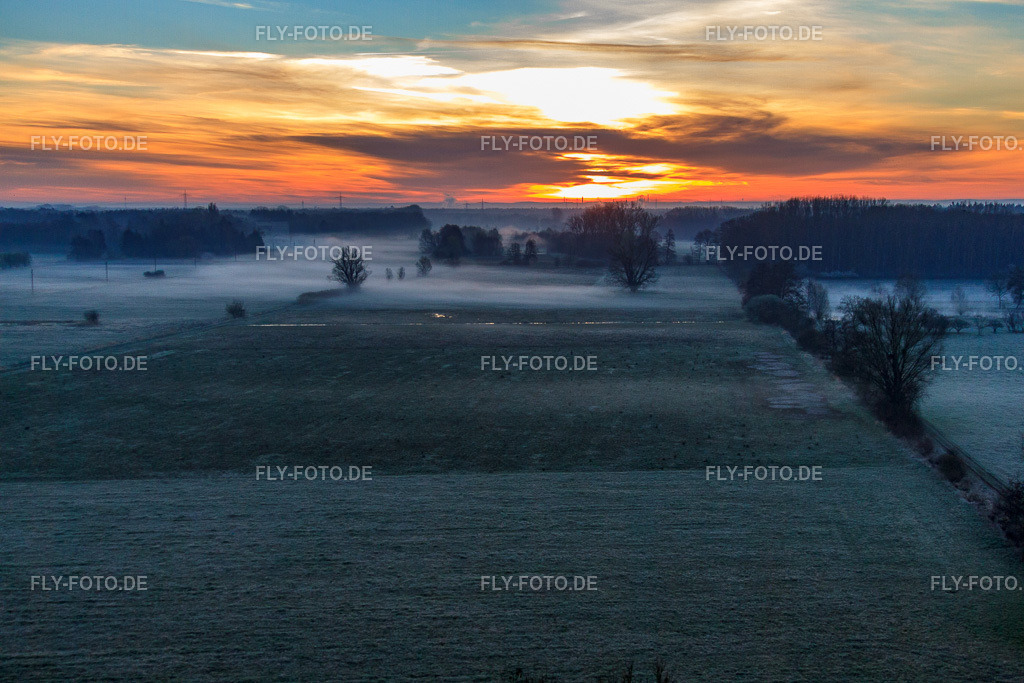 Otterbachniederung im Morgendunst bei Sonnenaufgang | Luftbild: Otterbachniederung im Morgendunst bei Sonnenaufgang in Minfeld im Bundesland Rheinland-Pfalz in Deutschland. Foto: IMG_63002.jpg vom 20.03.2014 durch Werner Riehm/FLY-FOTO.de - Realisiert mit Pictrs.com