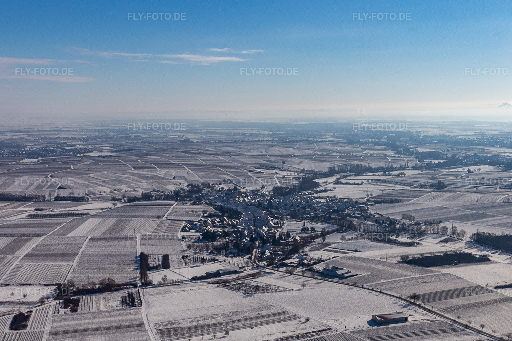 Luftbild: Winterluftbild im Schnee in Göcklingen im Bundesland Rheinland-Pfalz in Deutschland. Foto: IMG_124450.jpg vom 11.02.2021 durch Werner Riehm/FLY-FOTO.de