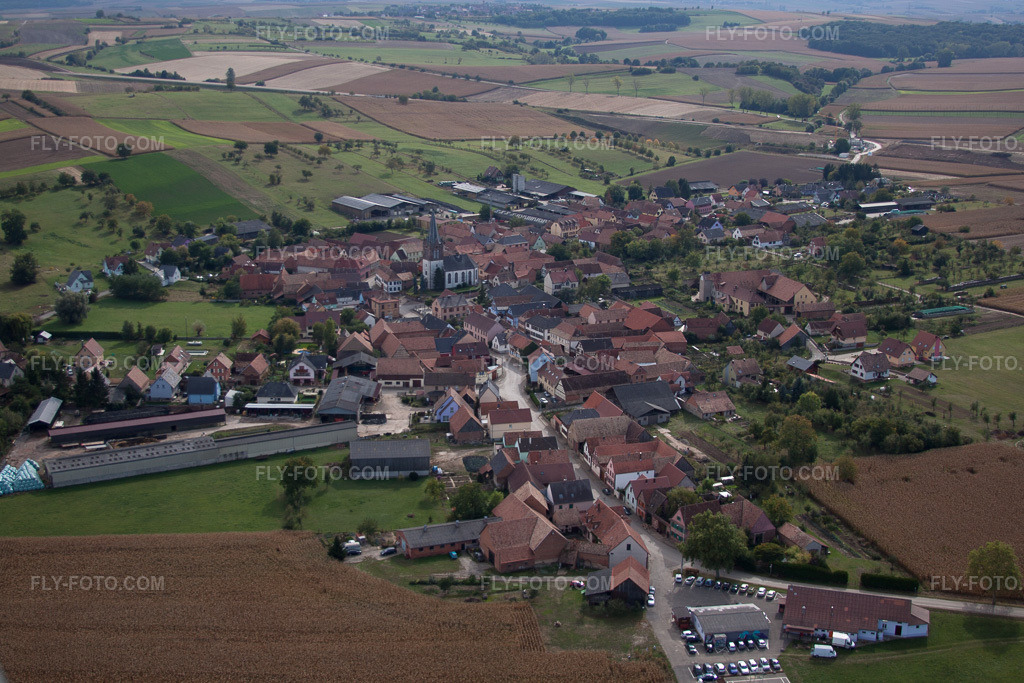 Aerial view: Agricultural fields and arable land in Ingenheim in the state Bas-Rhin, France. – Photo: IMG_53584.jpg taken on 09/30/2012 by Werner Riehm/FLY-FOTO.com – Resolution of the original: 4614 x 3076 px