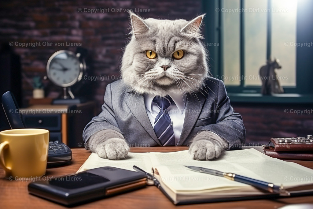 Katze als Chef im Büro | graue Katzen im Anzug