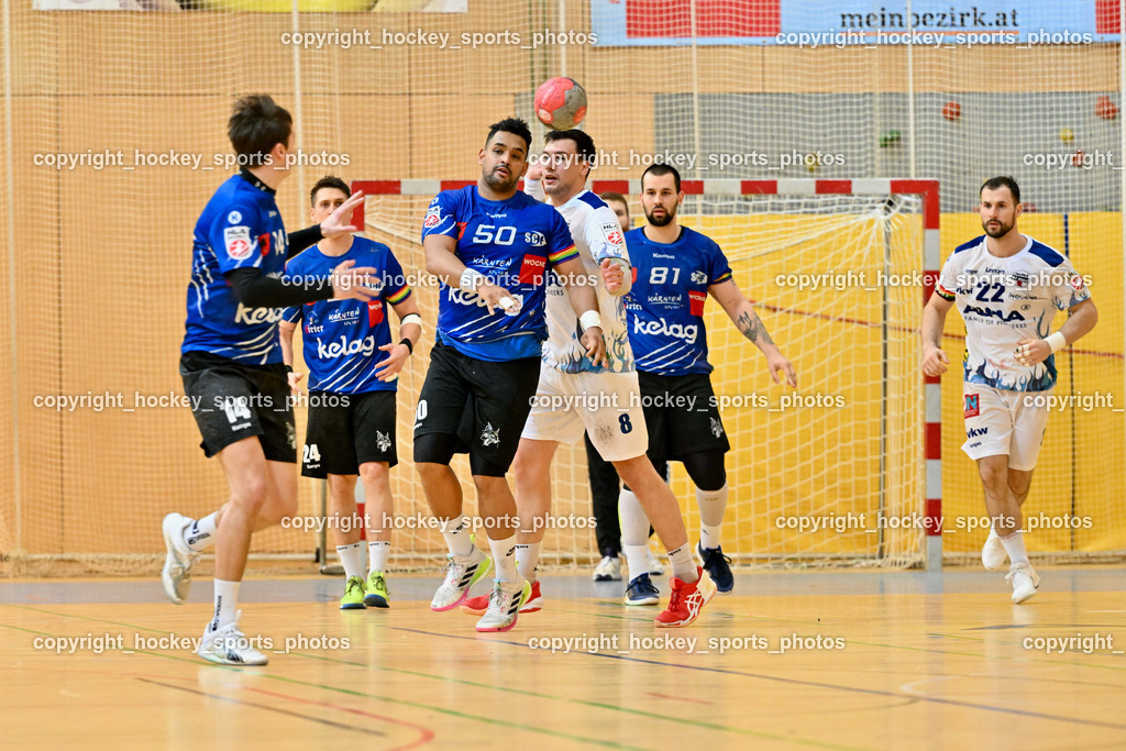 SC Ferlach vs. ALPLA HC Hard 2.3.2024 | #14 RATH Mathias SC Ferlach, #50 GONZALEZ-MARTINEZ Adonis,#8 STEVANOVIC Nikola HC Hard, #81 MILICEVIC Adrian SC Ferlach, #22 BABIC Dejan HC Hard, SC Ferlach vs. ALPLA HC Hard 2.3.2024, SC Ferlach vs. ALPLA HC Hard am 02.03.2024 in Ferlach (Ballspielhalle Ferlach), Austria, (Photo by Bernd Stefan)