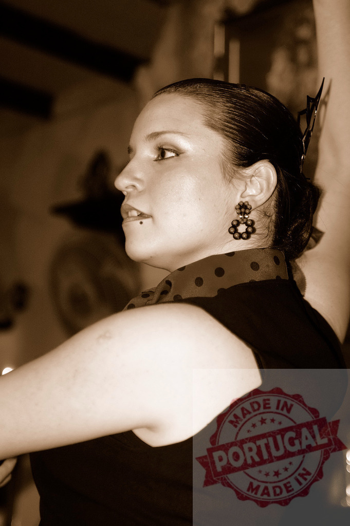 Flamenco dancer profile performing with passion in sepia | Female dancer performing traditional flamenco in a passionate profile shot - Realisiert mit Pictrs.com