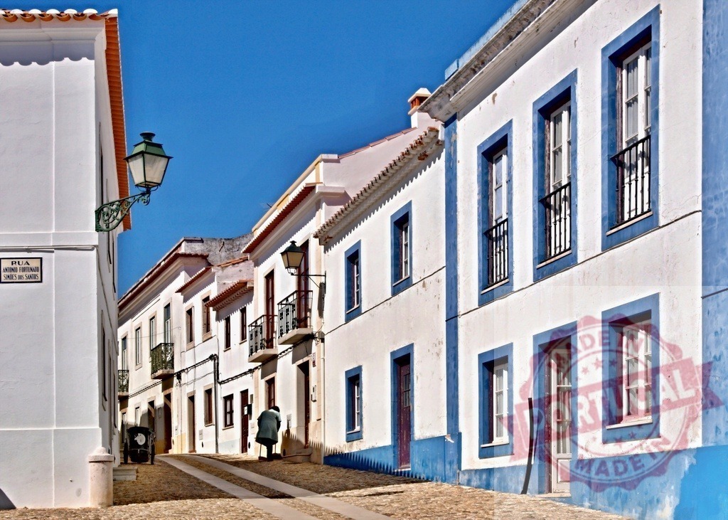 Discovering historic Portuguese village street with traditional architecture | Whitewashed houses with blue trim line a cobblestone street in a Portuguese village - Realisiert mit Pictrs.com