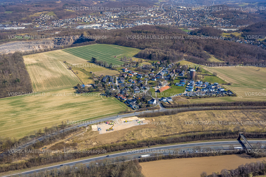 Hagen250303888 | Luftbild, Wohngebiet Ortsansicht Ortsteil Haßley mit Wasserturm, Wohngebiet am Waldrand, Baugebiet an der Haßleyer Straße, Emst, Hagen, Ruhrgebiet, Nordrhein-Westfalen, Deutschland