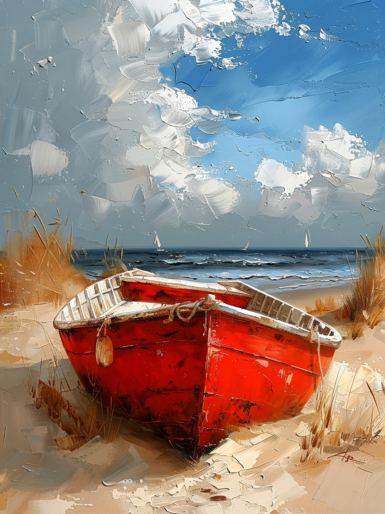 2406050 - Rotes Boot am Strand | Ein rotes Boot an einem Nordseestrand im Stil eines Gemäldes.