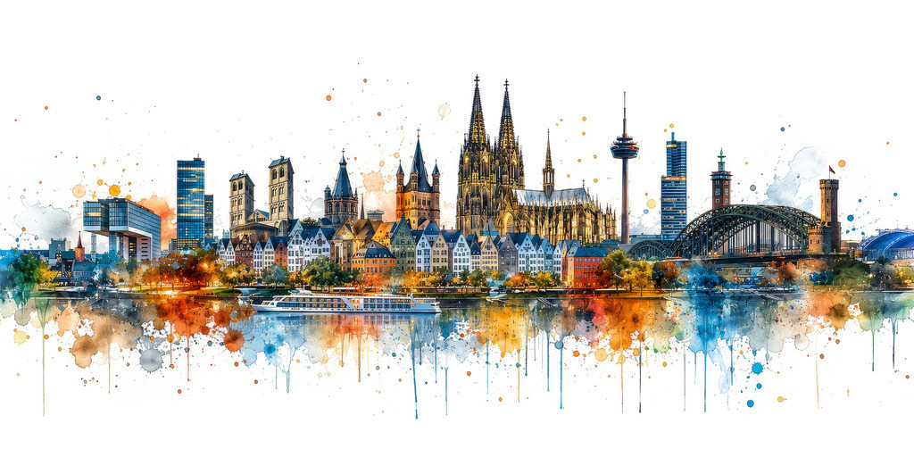 2605028 - Köln Skyline | Moderne kreative Köln Skyline im Aquarell-/ Mixed-Media Stil.