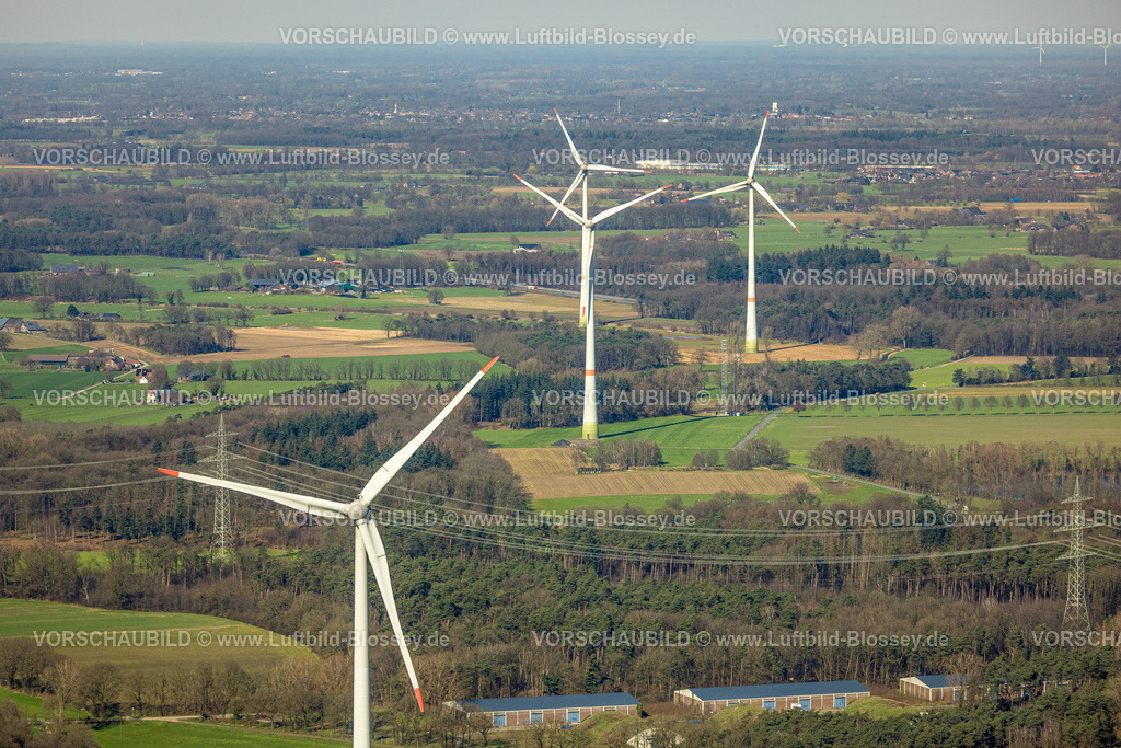 Rees240312107 | Luftbild, Windräder auf Wiesen und Felder nahe Mehrhoog, Hamminkeln, Nordrhein-Westfalen, Deutschland