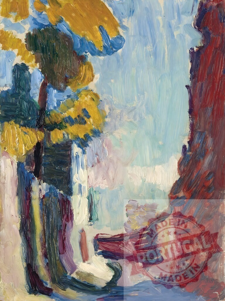 Expressive oil painting abstract landscape with vibrant brushstrokes. Henri Matisse | Abstract landscape painting depicting vibrant colors and thick impasto brushwork, creating an expressive textured scene - Realized with Pictrs.com