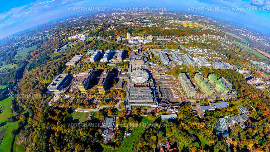 Bochum241090433RUB-UniversitaetBochum | Luftbild, RUB Ruhr-Universität Bochum mit dem muschelartigen runden Gebäude Audimax Hörsaal, hinten das Unicenter, Erdkugel, Fisheye Aufnahme, Fischaugen Aufnahme, 360 Grad Aufnahme, tiny world, little planet, fisheye Bild, Querenburg, Bochum, Ruhrgebiet, Nordrhein-Westfalen, Deutschland