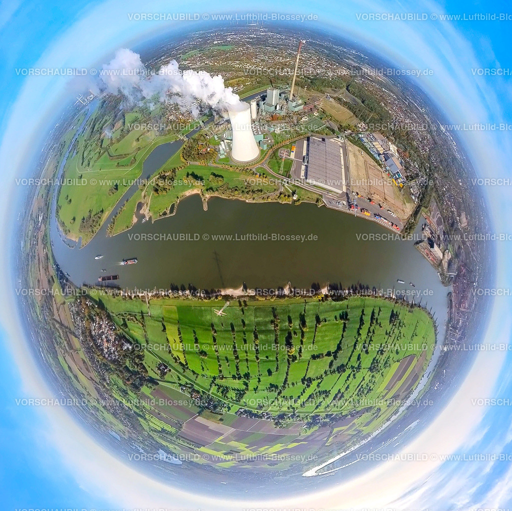 Duisburg20221006_1Logport-4 | Luftbild, Dampfendes STEAG Kraftwerk Walsum und logport VI am Fluss Rhein, Baustelle mit Neubau Logistikunternehmen DSV Halle, Fisheye Aufnahme, Fischaugen Aufnahme, 360 Grad Aufnahme, Marxloh, Duisburg, Fisheyeaufnahme, Ruhrgebiet, Nordrhein-Westfalen, Deutschland