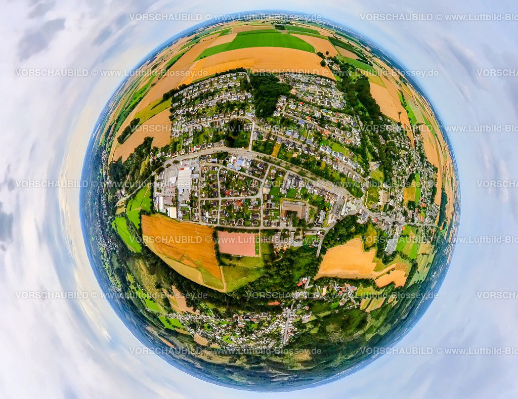 Warstein240790088Sichtigvor | Luftbild, Wohngebiet Ortsansicht Ortsteil Sichtigvor, Erdkugel, Fisheye Aufnahme, Fischaugen Aufnahme, 360 Grad Aufnahme, tiny world, little planet, fisheye Bild, Sichtigvor, Warstein, Soester Börde, Nordrhein-Westfalen, Deutschland