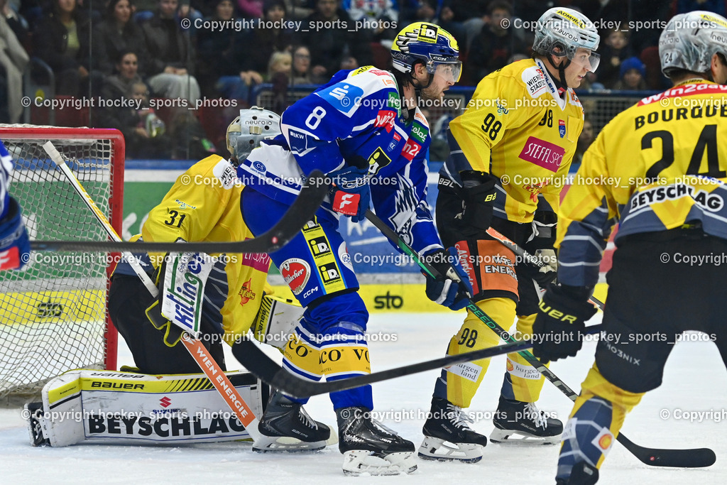 EC IDM WÄRMEPUMPEN VSV vs. Vienna Capitals | #31 Evan Cowley Vienna Capitals, #8 Maximilian Rebernig EC VSV, #24 Simon Bourque Vienna Capitals, #98 Cole Hults Vienna Capitals, EC IDM WÄRMEPUMPEN VSV vs. Vienna Capitals, EC IDM WÄRMEPUMPEN VSV vs. Vienna Capitals am 16.11.2025 in Villach (Stadthalle Villach), Austria, (Photo by Bernd Stefan)