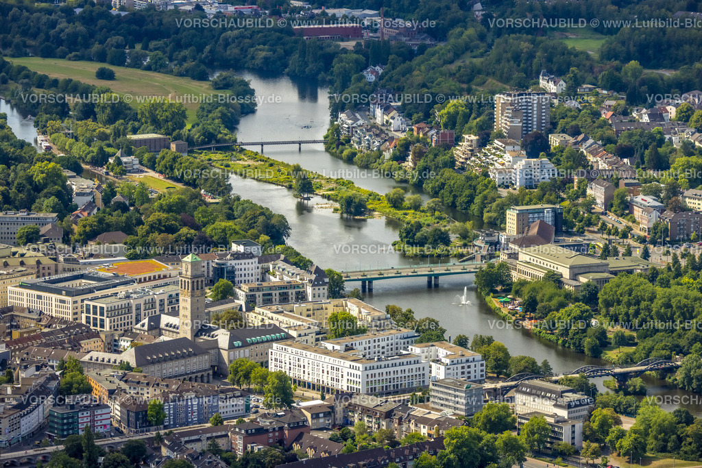 Muelheim220802685 | Luftbild, Rathaus und Rathausturm, Schlossbrücke, Fluss Ruhr, Altstadt I, Mülheim an der Ruhr, Ruhrgebiet, Nordrhein-Westfalen, Deutschland