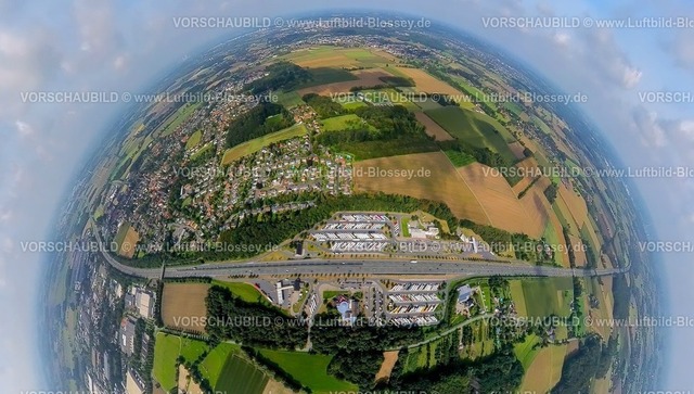 Hamm230990080 Raststaette Rhynern-2 | Luftbild, Autobahn-Raststätte Rhynern an der Autobahn A2, Erdkugel, Fisheye Aufnahme, Fischaugen Aufnahme, 360 Grad Aufnahme, tiny world, Stadtbezirk Rhynern, Hamm, Ruhrgebiet, Nordrhein-Westfalen, Deutschland