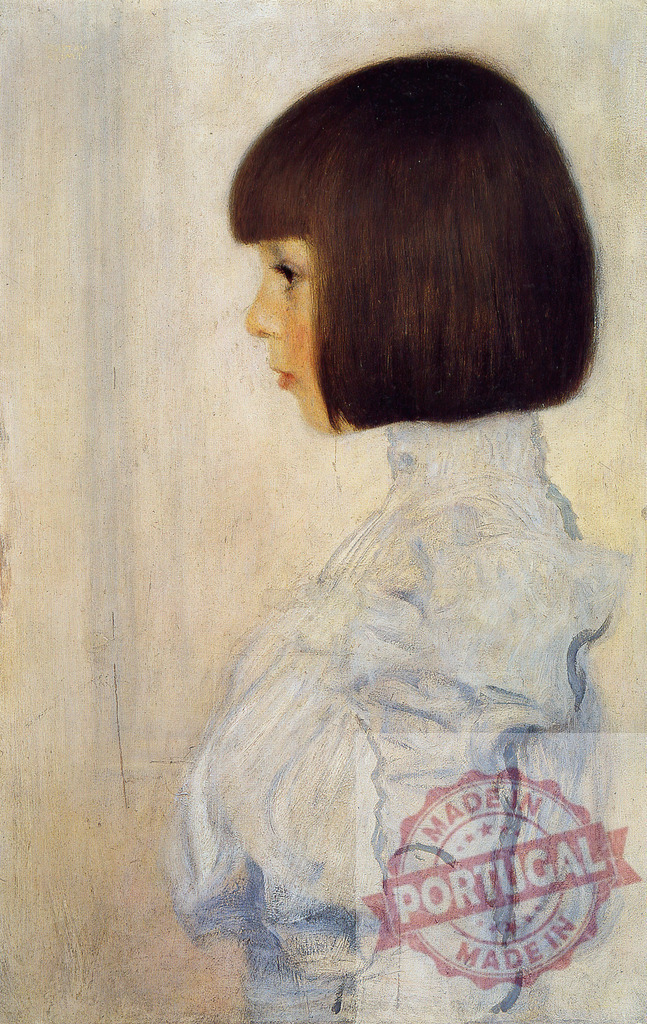 Young girl profile portrait painting with bob haircut. Gustav Klimt | Painting of a thoughtful young girl in profile with a short bob haircut and ruffled dress - Realized with Pictrs.com