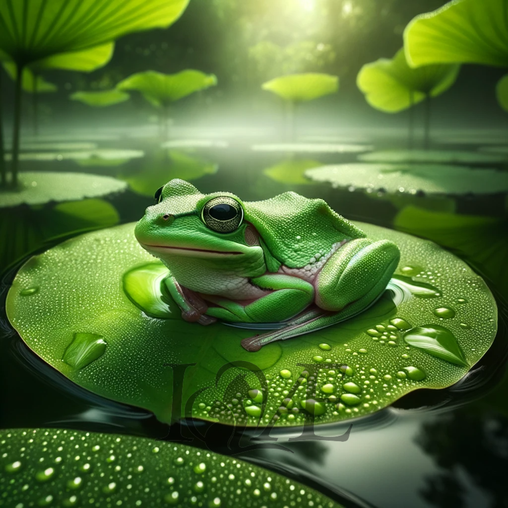 DALL_E 2023-10-05 05.38.35 - Photo of a green frog sitting comfortably on a fresh_ dewy leaf in the midst of a serene pond | psy4fly - Realisiert mit Pictrs.com