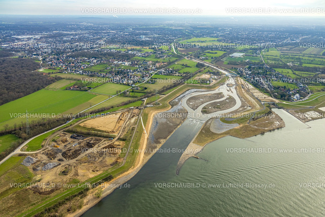 Dinslaken240309037 | Luftbild, Neue Emschermündung in den Fluss Rhein, blaue Brücke Hagelstraße, Eppinghoven, Dinslaken, Nordrhein-Westfalen, Deutschland