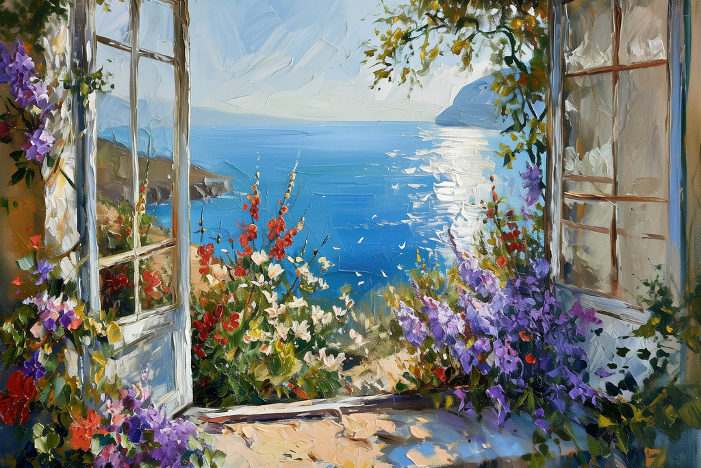 2403019 - Sommer am Meer | Blick aus einem mit Blumen bewachsenen Fenster auf eine mediterrane Landschaft.