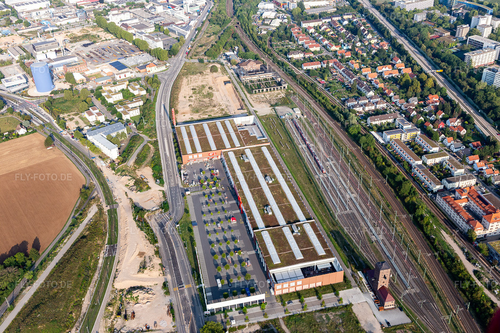 Luftbild: Bauhaus Heidelberg im Ortsteil Bahnstadt in Heidelberg im Bundesland Baden-Württemberg in Deutschland. Foto: IMG_117093.jpg vom 25.08.2019 durch Werner Riehm/FLY-FOTO.de