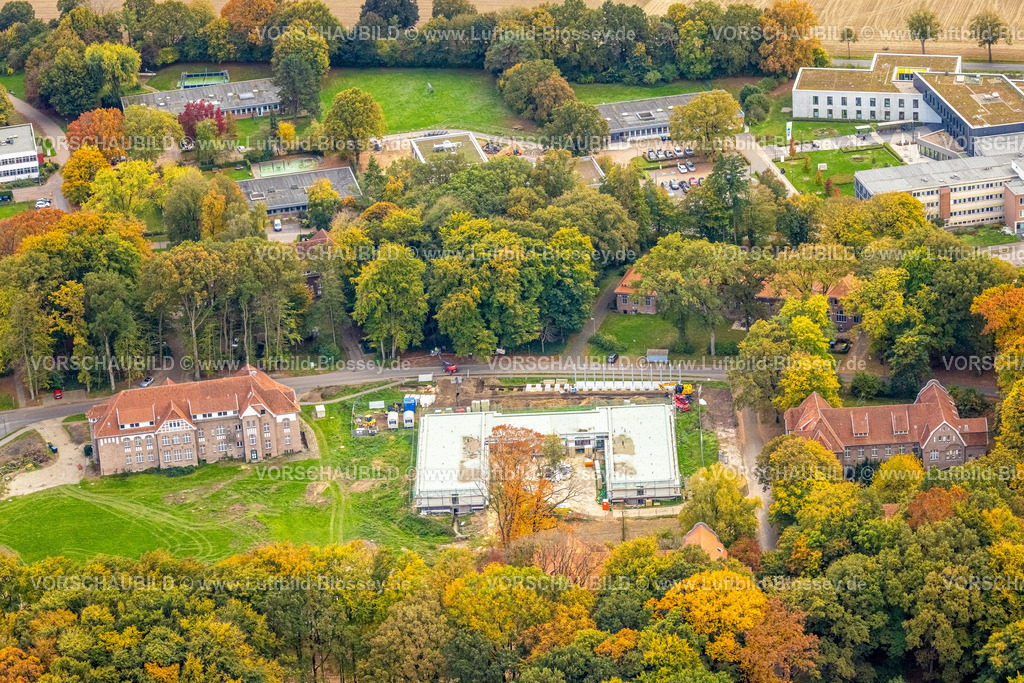 Bedburg-Hau251006026 | Luftbild, LVR-Klinik, Baustelle Klinikgebäude Südlicher Rundweg, herbstliche Bäume, Hau, Bedburg-Hau, Niederrhein, Nordrhein-Westfalen, Deutschland