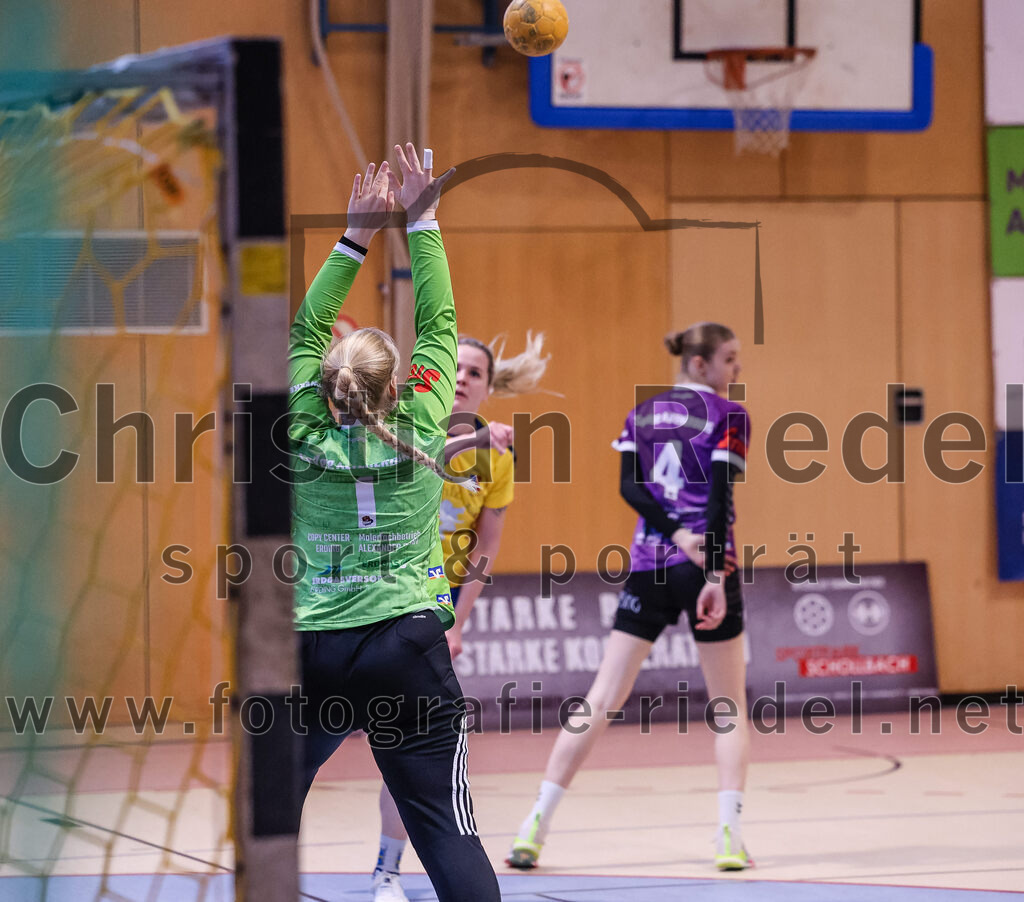2025-02-15_003_SpVgg_Altenerding_gegen_MTV_Pfaffenhofen | Erding, Deutschland, 15.02.2025:Handball, Bezirksoberliga Frauen Altbayern 2024 / 2024, 14. Spieltag, SpVgg Altenerding gegen MTV Pfaffenhofen, Endergebnis: 27:23Torfrau Hanna Obermair (SpVgg Altenerding, #1), Daniela Reiher (MTV Pfaffenhofen, #22), Greta Felbinger (SpVgg Altenerding, #4)Foto: Christian Riedel / fotografie-riedel.net