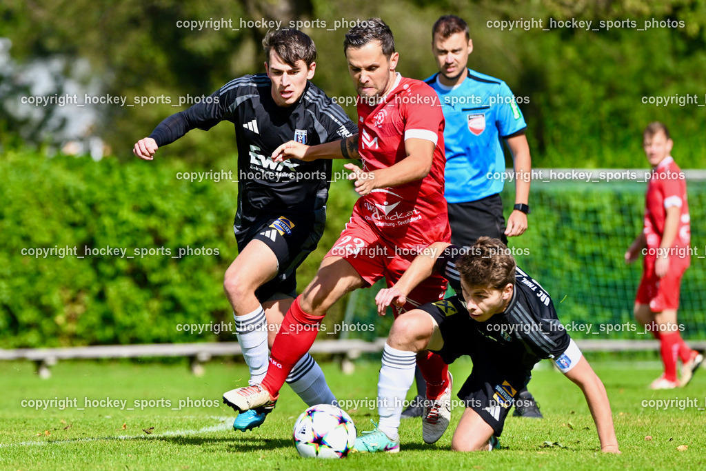 SV Rothentuhurn vs. URC Thal Assling | #10 Julian Moser URC Thal Assling, #23 Marco Moser SV Rothenthurn, #27 Dominik Klaus Kofler URC Thal Assling, SV Rothentuhurn vs. URC Thal Assling, SV Rothentuhurn vs. URC Thal Assling am 15.09.2024 in Rothenthurn (Sportplatz Rothenthurn), Austria, (Photo by Bernd Stefan)