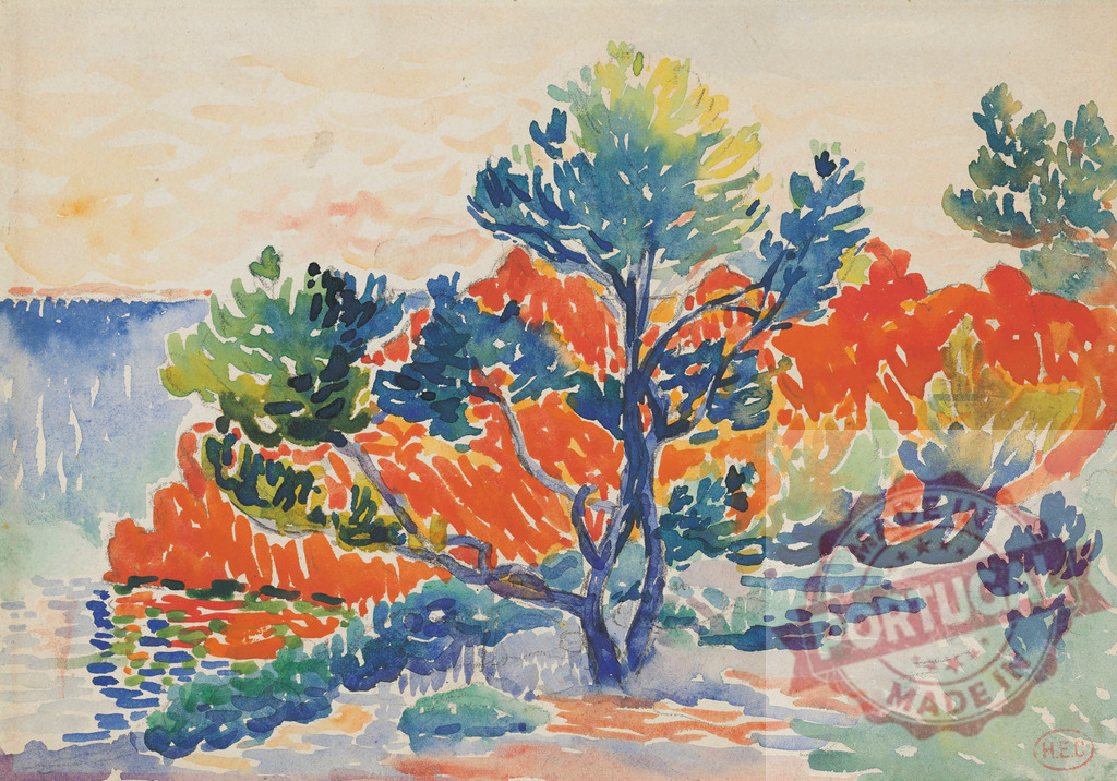 Henri-Edmond Cross seascape with vibrant Fauvist colors. Henri Edmund Cross | Henri-Edmond Cross creating a colorful Fauvist landscape with trees near the sea - Realisiert mit Pictrs.com