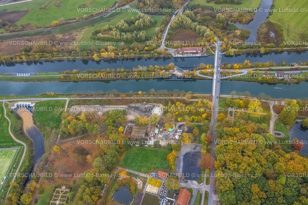 Hamm221011827 | Luftbild, Baustelle Adenauerallee Ecke Fährstraße, nahe Altes Fährhaus, Herbstfarben, Datteln-Hamm-Kanal, Uentrop, Hamm, Ruhrgebiet, Nordrhein-Westfalen, Deutschland