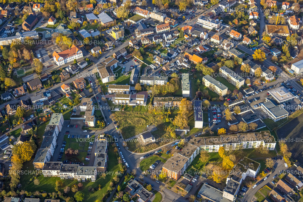 Hamm231102006 | Luftbild, Baugebiet Stadterneuerungsgebiet Waldenburger Straße, Lessingschule Grundschule, umgeben von herbstlichen Laubbäumen, Stadtbezirk Herringen, Hamm, Ruhrgebiet, Nordrhein-Westfalen, Deutschland