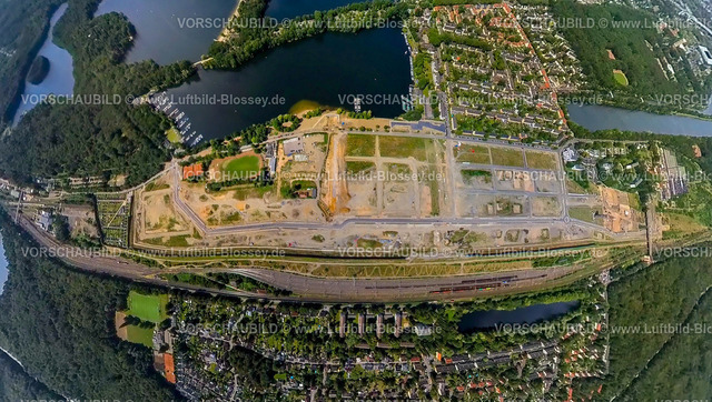 Duisburg230790236_Wedau_ | Luftbild, Baustelle ehemaliger Rangierbahnhof Wedau für neues Duisburger Wohnquartier, Sechs-Seen-Platte, Erdkugel, Fisheye Aufnahme, Fischaugen Aufnahme, 360 Grad Aufnahme, tiny world, Wedau, Duisburg, Ruhrgebiet, Nordrhein-Westfalen, Deutschland