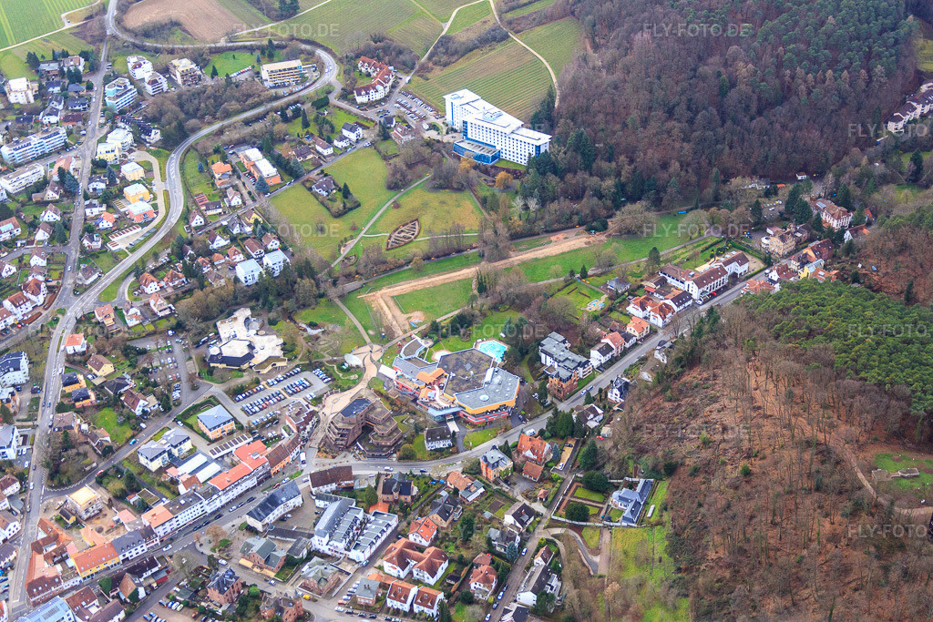 Luftbild: Kurpark unterhalb der Edith-Stein-Fachklinik in Bad Bergzabern im Bundesland Rheinland-Pfalz in Deutschland. Foto: IMG_085726.jpg vom 08.01.2016 durch Werner Riehm/FLY-FOTO.deWWW.REHA-BZA.DE