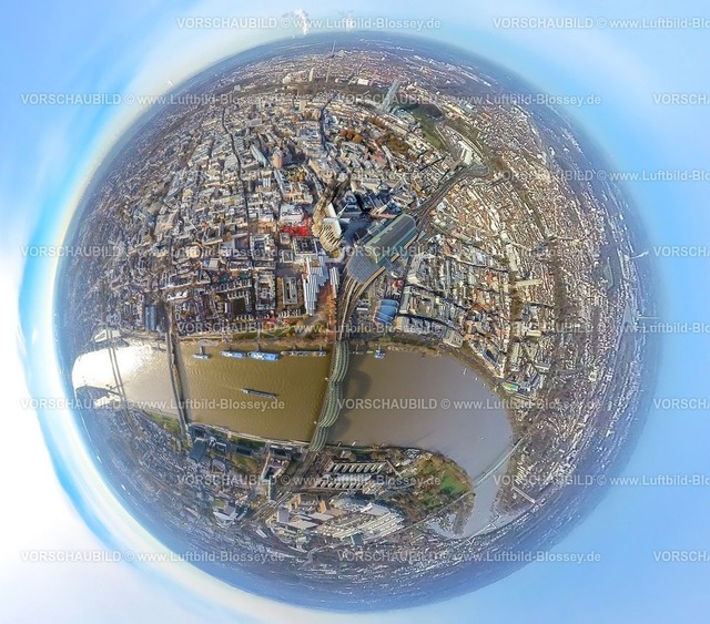 Koeln231190026HauptbahnkfoDomMitte | Luftbild, Fluss Rhein und Ausflugsschiffe mit Hohenzollernbrücke und Deutzer Brücke, Mitte City und Altstadt mit dem Kölner Dom und dem Hauptbahnhof Hbf, umgeben von herbstlichen Laubbäumen, Erdkugel, Fisheye Aufnahme, Fischaugen Aufnahme, 360 Grad Aufnahme, tiny world, little planet, fisheye Bild, Altstadt, Köln, Rheinland, Nordrhein-Westfalen, Deutschland