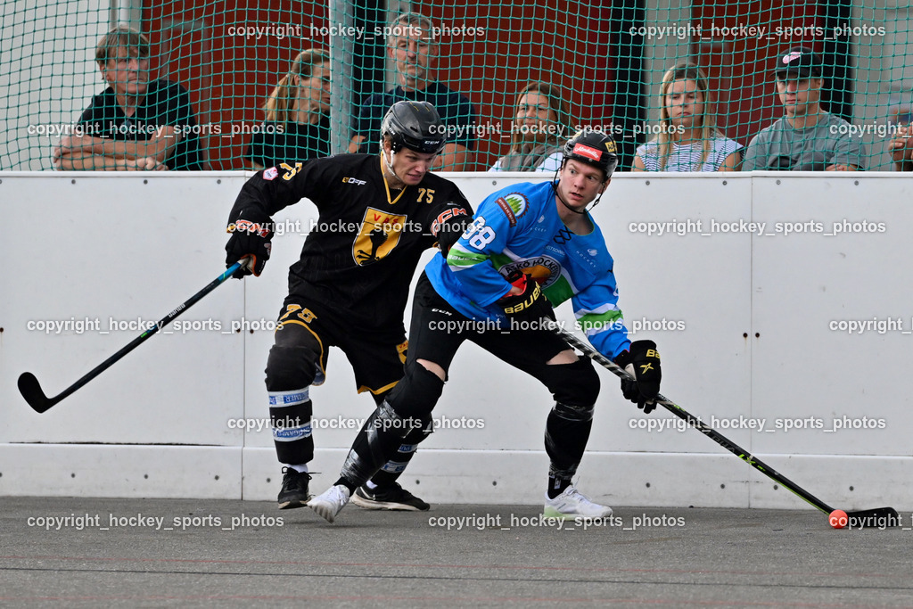 ASKÖ Hockey Villach vs. VAS Ballhockey  | #75 Wohlfahrt Benedikt VAS Villach, #98 MAXA Alexander ASKÖ Villach Hockey, ASKÖ Hockey Villach vs. VAS Ballhockey , ASKÖ Hockey Villach vs. VAS Ballhockey  am 06.07.2025 in Villach (Alpen Arena ), Austria, (Photo by Bernd Stefan)