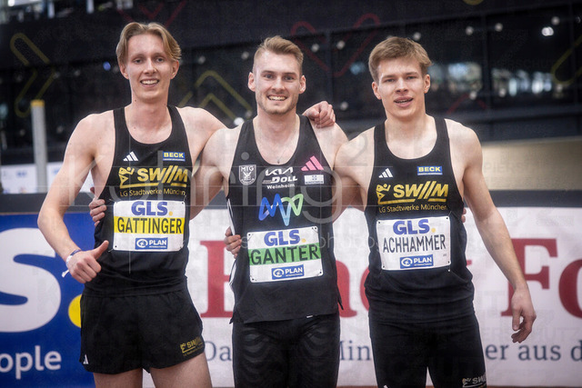 Deutsche Leichtathletik-Hallenmeisterschaften; Dortmund, 01.03.2026 | Platz 2 Karl Gattinger (LG Stadtwerke München), Platz 1 Robin Ganter (MTG Mannheim), Platz 5 Maximilian Achhammer (LG Stadtwerke München); Deutsche Leichtathletik-Hallenmeisterschaften am 01.03.2026 in der Helmut-Körnig-Halle in Dortmund. 