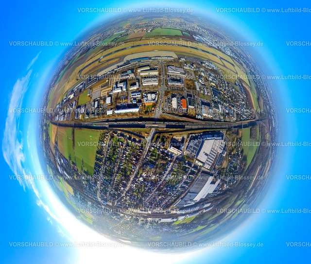 Holzwickede240190014A40 | Luftbild, Gewerbegebiet Chausseestraße am Flughafen und Dortmund Airport Flughafen Wickede, Bundesstraße B1, Gewerbegebiet Natorper Straße, Sonepar Niederlassung Deutschland Region West, KIK24 Warenlager, nebenan  Erdkugel, Fisheye Aufnahme, Fischaugen Aufnahme, 360 Grad Aufnahme, tiny world, little planet, fisheye Bild, , Holzwickede, Ruhrgebiet, Nordrhein-Westfalen, Deutschland
