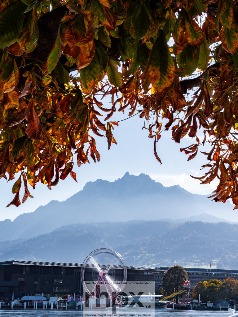 Pilatus. Herbst. Riesenrad. | <p><strong>FARBE. GEBIRGE. HORIZONT.</strong></p><p>Die Herbstpracht des Kastanienlaubs bildet einen dramatischen Rahmen für den majestätischen Pilatus über dem Vierwaldstättersee. Im Vordergrund setzt das leuchtende Riesenrad einen modernen Akzent zur zeitlosen Schönheit der Alpen. Dieses Bild fängt den einzigartigen Kontrast zwischen städtischem Leben und alpiner Erhabenheit ein.</p><p>Wähle unter "Produktauswahl" dein Wunschformat: Vom klassischen Wandbild über Puzzle & Tassen bis zum digitalen Download (z.B. als Handy-Hintergrund).</p> - Realisiert mit Pictrs.com
