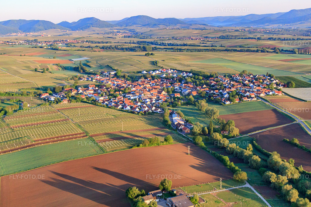 Luftbild: Dorfansicht am Morgen aus Osten in Impflingen im Bundesland Rheinland-Pfalz in Deutschland. Foto: IMG_64554.jpg vom 04.05.2014 durch Werner Riehm/FLY-FOTO.de