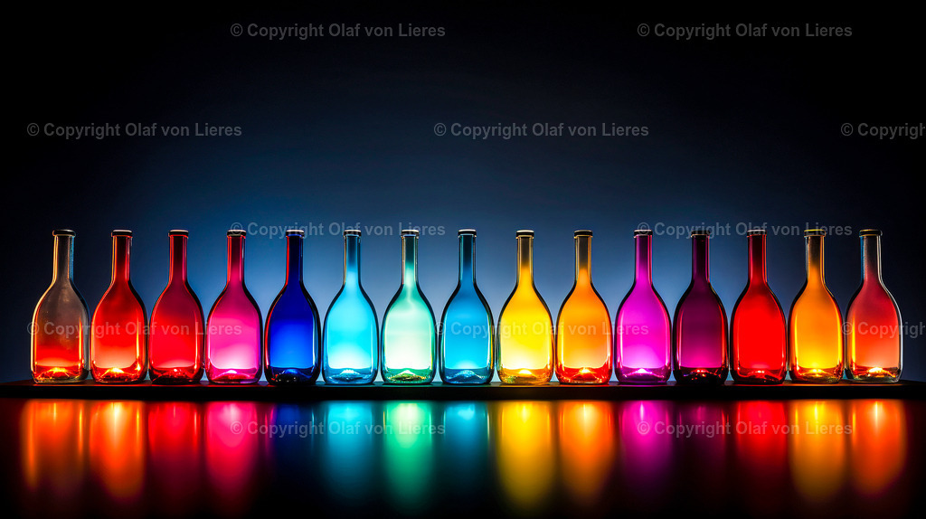 viele bunte Flaschen | farbenfrohe Flaschen leuchtend als Wandbild