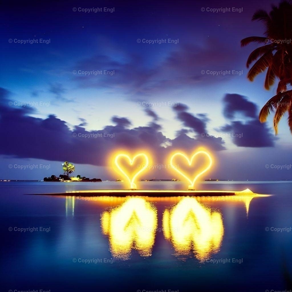 Inselparadies mit 2 Neon Herzen | engl - Realisiert mit Pictrs.com