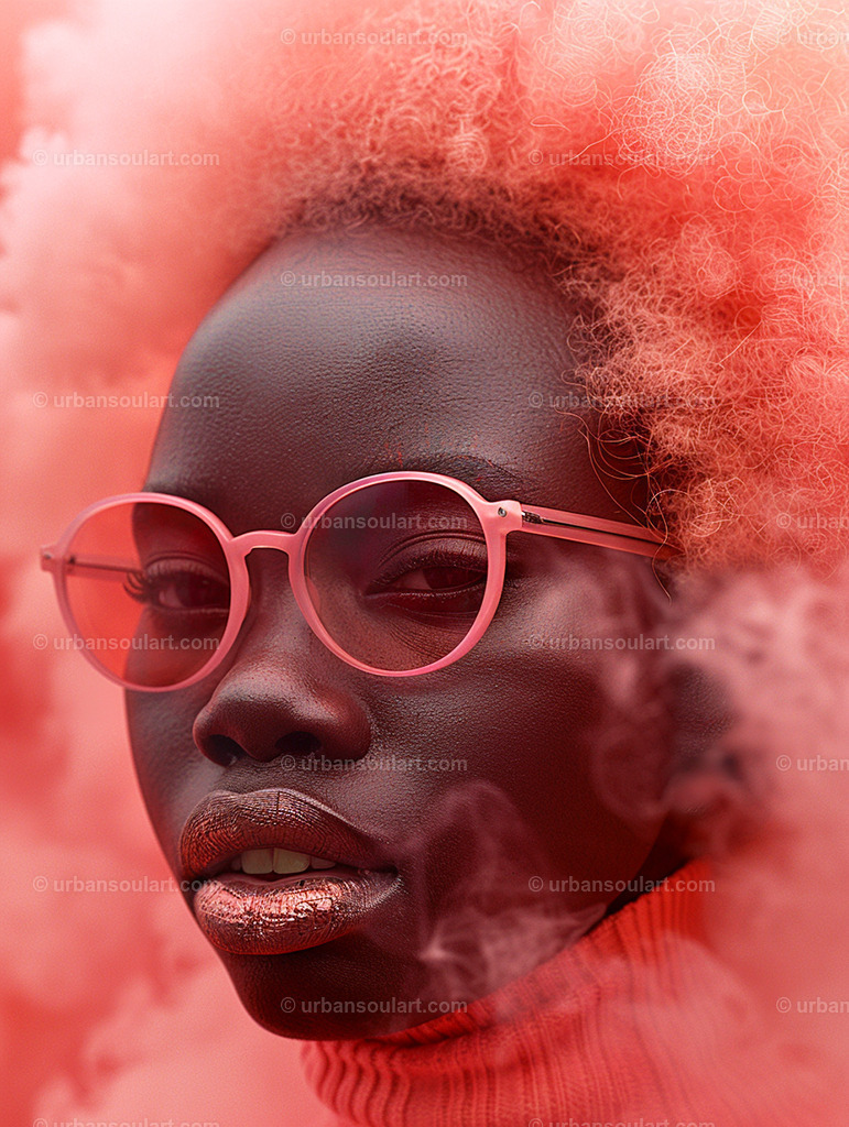African Woman Pink Style | Celebrate bold style and individuality with this stunning image of a woman in pink hues and sunglasses. The contrast of her dark skin with the vibrant pink setting offers a striking visual experience, making it a unique addition for modern, fashion-forward spaces. - Realisiert mit Pictrs.com