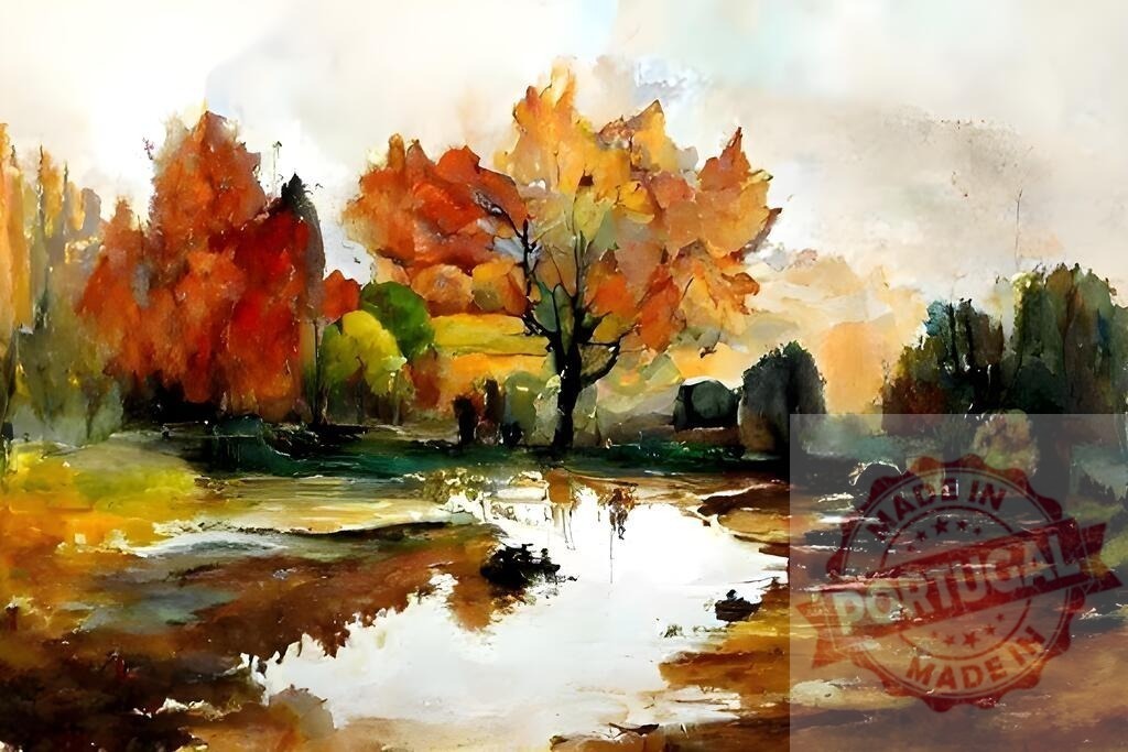 Autumn trees reflecting in tranquil river watercolor painting | Autumn trees creating colorful reflections on a tranquil river under a cloudy sky - Realized with Pictrs.com