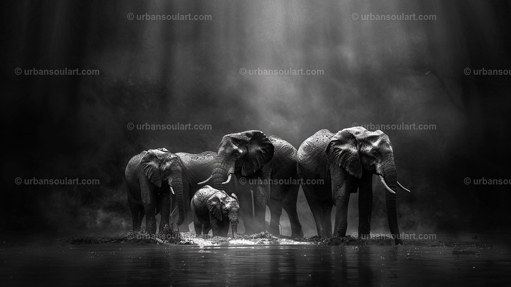 Group of Elephants Protecting Their Baby At Night | A captivating black-and-white canvas featuring a family of elephants standing protectively around their baby, symbolizing unity, strength, and care in the animal kingdom. The atmospheric lighting enhances the majestic aura, making it a stunning centerpiece for nature and wildlife enthusiasts. Perfect for adding depth and elegance to any space. - Realisiert mit Pictrs.com
