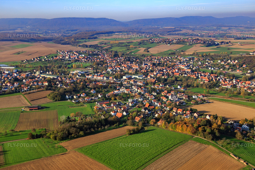 Vue aérienne: Rue de Seltz à Soultz-sous-Forêts dans le département Bas Rhin, France – .Photo: IMG_075539.jpg prise le 01/11/2014 par Werner Riehm/FLY-FOTO.eu – Résolution de l'original: 5472 x 3648 px