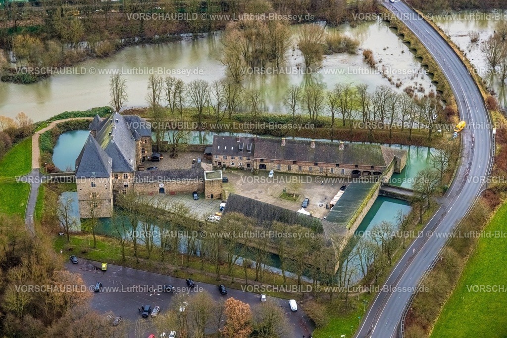Hattingen231202111Ruhr-topaz | Luftbild, Ruhrhochwasser, Weihnachtshochwasser 2023, Fluss Ruhr tritt nach starken Regenfällen über die Ufer, Überschwemmungsgebiet Wasserschloss Haus Kemnade, Stiepel, Bochum, Ruhrgebiet, Nordrhein-Westfalen, Deutschland