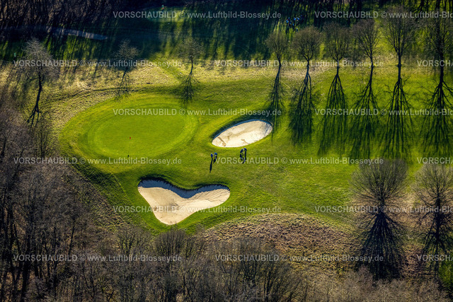 Castrop-Rauxel240106066 | Luftbild, Golfplatz Golfclub Castrop-Rauxel e.V. in Frohlinde, sandgefüllte Bunker, Bunker Fläche in Herzform, Baumreihe auf der Wiese, Golf Green, Golfspieler mit Schattenwurf, Frohlinde, Castrop-Rauxel, Ruhrgebiet, Nordrhein-Westfalen, Deutschland