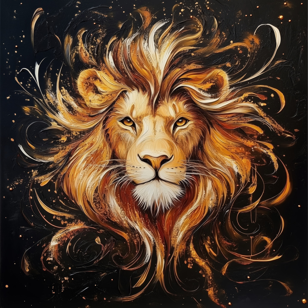 2502050 - Goldener Löwe | Modernes Wandbild im Stil eines Gemäldes. Bestellen Sie dieses Motiv als hochwertigen Kunstdruck auf Leinwand, hinter Acrylglas, auf Alu-Dibond oder auch als Poster. 