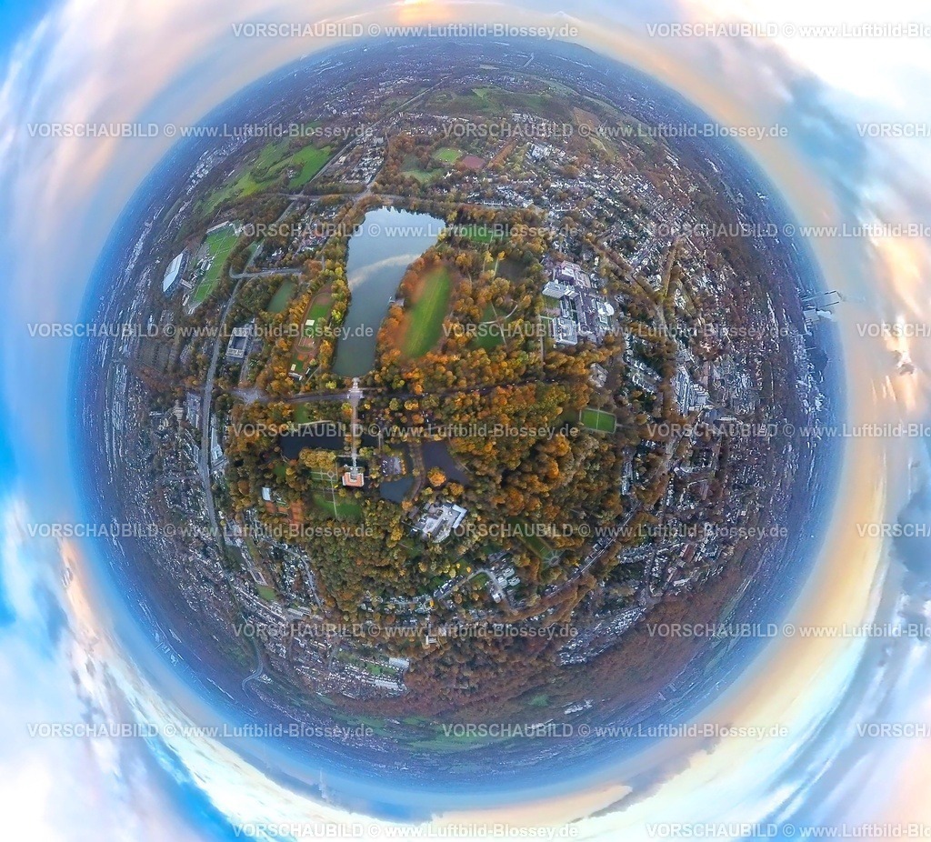 Gelsenkirchen231190107SchlossBerge-topaz | Luftbild, Schloß Berge mit Park und Berger See, Herbstwald mit herbstlichen Laubbäumen, Erdkugel, Fisheye Aufnahme, Fischaugen Aufnahme, 360 Grad Aufnahme, tiny world, little planet, fisheye Bild, Buer, Gelsenkirchen, Ruhrgebiet, Nordrhein-Westfalen, Deutschland